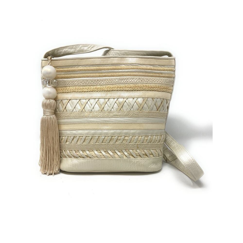 Sharif Shoulder Bag Beige Leather Crossbody Strap Pearlized Tassel Zipper - Picture 6 of 8
